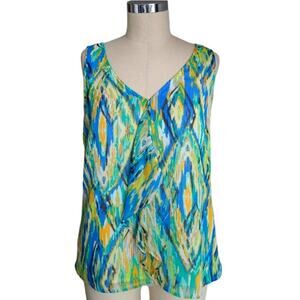 Tahari Abstract Print V-Neck Cascading Ruffle Sleeveless Top Size S Blue Multi